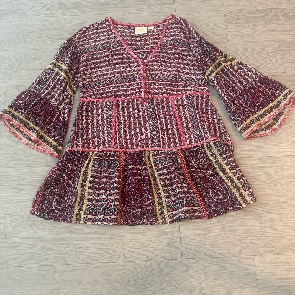 Maeve Anthropologie Size M Lilyana Silk Blouse Peasant Tunic Tiered Floral Top - Picture 2 of 5